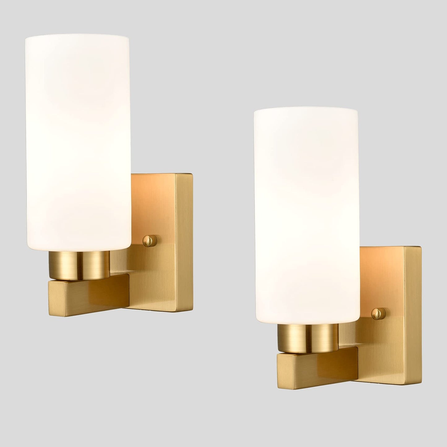 DEYNITE Modern Wall Light Fixtures Brass Bathroom Vanity Light with Milky White Cylinder Glass Shade Set of 2