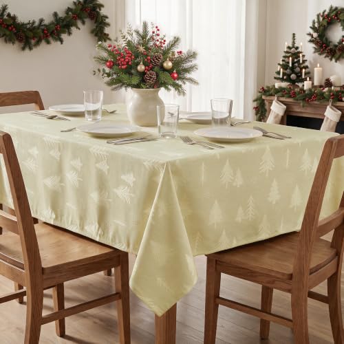 Cream Jacquard Tablecloth 60x84 Inches Rectangle Christmas Trees Snow Beige