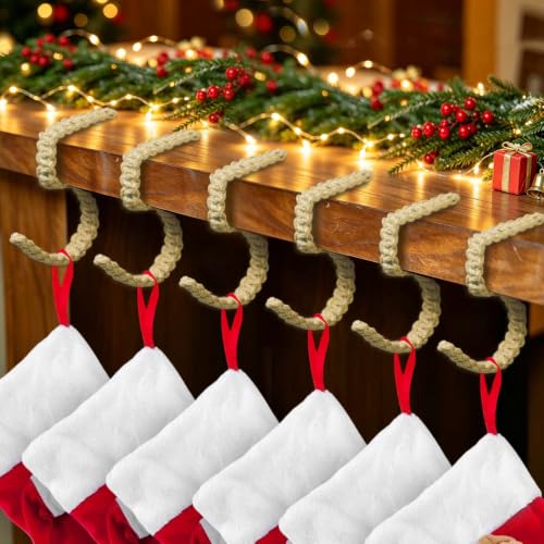 Set of 6 Rustic Jute Rope Christmas Stocking Holders - Flexible Mantle Hooks