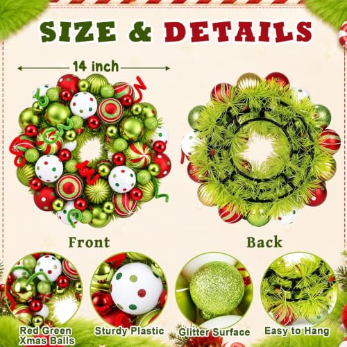 14 Inch Christmas Wreath with Red, Green & White Ornaments for Front Door