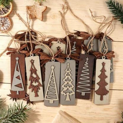 Rustic Wooden Christmas Tree Ornaments Set with Bows - Farmhouse Holiday Decor