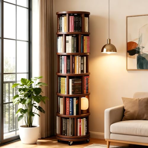 Dark Walnut 6-Tier Solid Wood Rotating Bookshelf Tower - 360° Revolving Book Shelf