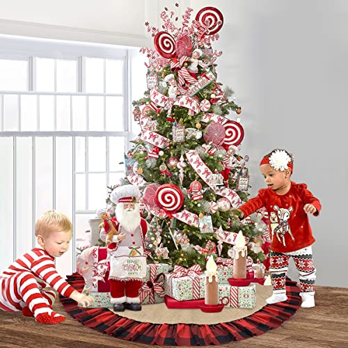 48 Inch Buffalo Plaid Burlap Tree Skirt with Ruffle - Rustic Farmhouse Christmas Decor