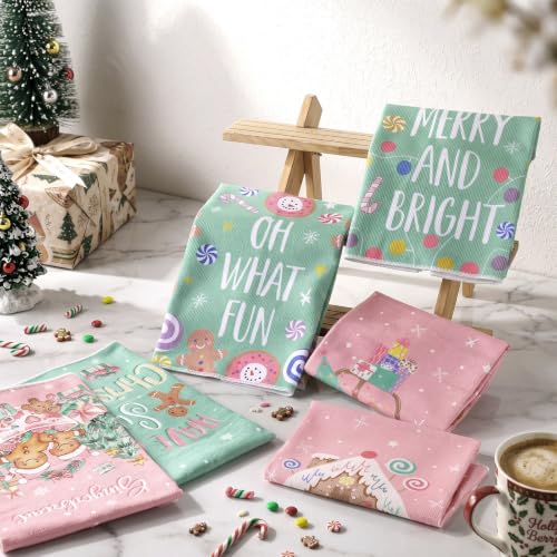 Pink & Green Pastel Gingerbread Christmas Kitchen Towels Set - Candy Land Design