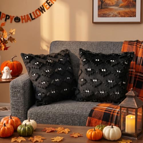 Halloween Pillow Covers 18x18 Inch - Black Bat Embroidery, Pack of 2 - Variation: Black1
