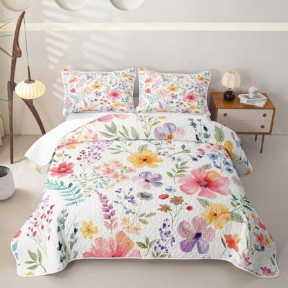 Feelyou Blossom Flowers Pattern Quilt Set Twin Size with Pillowcase - White Red