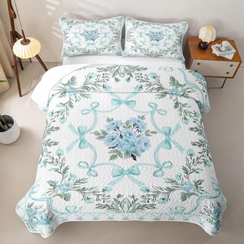 Light Blue Full Size Quilt Set with Floral Print - All Season Bedding for Kids & Teens