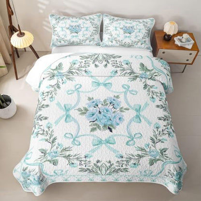 Light Blue Full Size Quilt Set with Floral Print - All Season Bedding for Kids & Teens