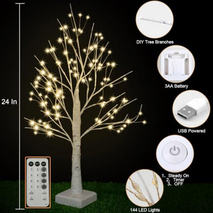 144 LED Birch Tree Lights with Remote Control & Timer - White-Warm White, 24 Inch