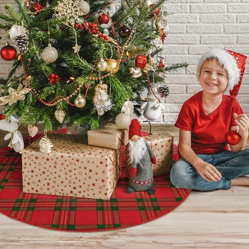 48 Inch Red Green Tartan Plaid Christmas Tree Skirt - Rustic Holiday Decor