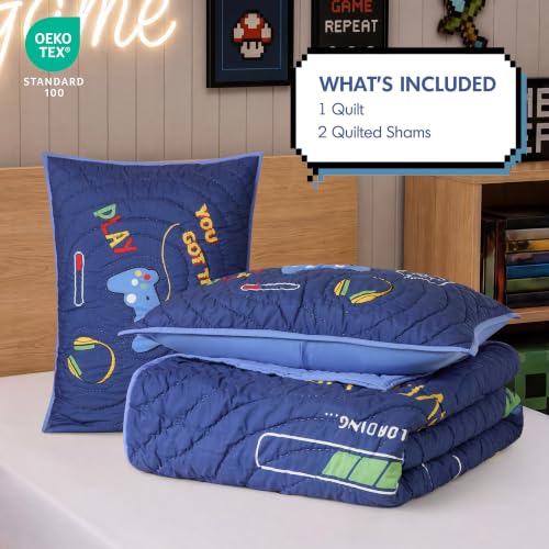 Kids Full/Queen Navy Blue Game Controller Quilt Set - 3 Piece Bedding