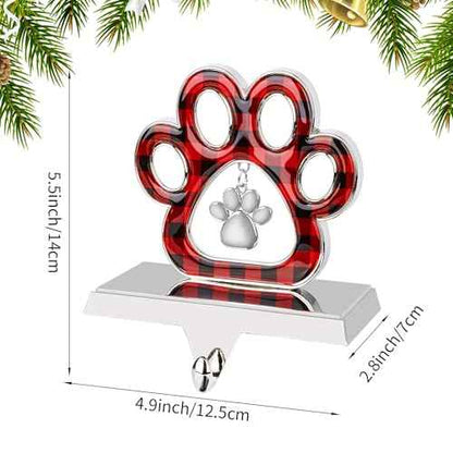 Hooqict Dog Paw Christmas Stocking Holder with Pendant for Mantel 3D Silver Metal Mantel Buffalo Plaid Stocking Holder Fireplace Decorations Christmas Stocking Hanger for Christmas Table Decor