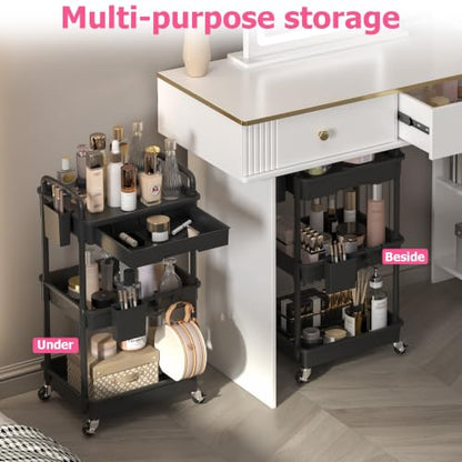 Black 3-Tier Rolling Makeup Cart with Drawer and Side Cups