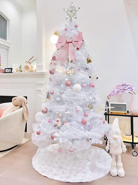 White Faux Fur Christmas Tree Skirt 48 Inch Silver Snowflakes Holiday Decor