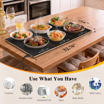 FYY Electric Warming Tray 3-Panel Food Warmer Black & Gold 32.76" x 15.6"