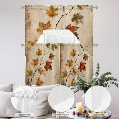 Brown Sienna Fall Maple Leaf Window Valance and Tier Curtains Set - 3 Pieces, 27.5W x 36L