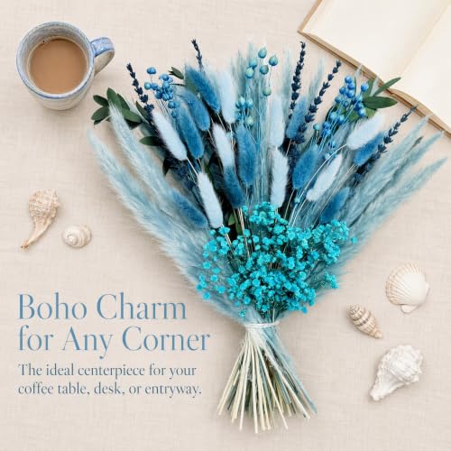 Blue Dried Flower Bouquet - Handmade Boho Floral Arrangement Baby Blue