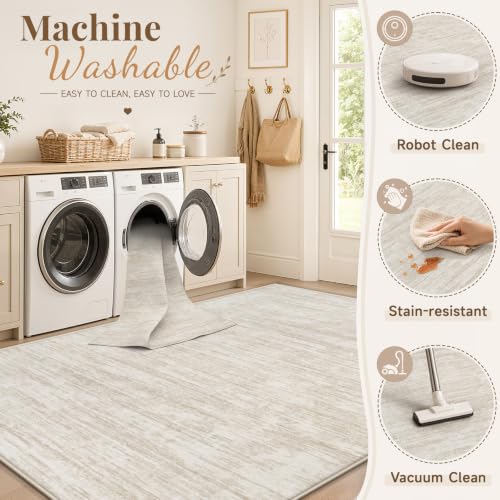 Beige 8x10 Washable Modern Abstract Rug Non-Slip Indoor Carpet for Living Room