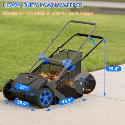 21 Inch Manual Lawn Sweeper for Leaves & Grass Clippings - Yard Cleanup Tool