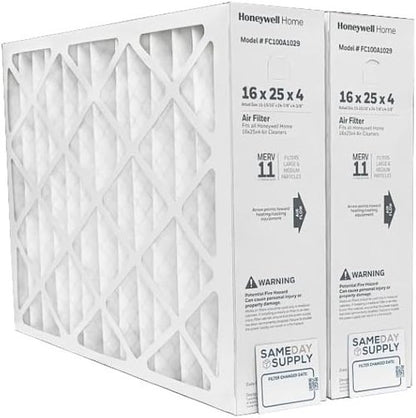 Honeywell FC100A1029 Pleated Air Filter - MERV 11, 16" x 25" x 4" | 2-Pack with Supply Reminder