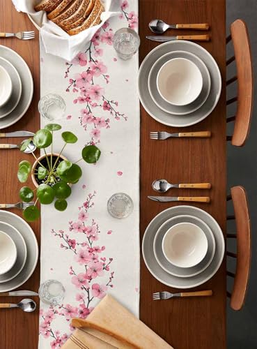 Japanese Style Cherry Blossom Table Runner 13x72 Inches Cotton Linen Burlap Pink