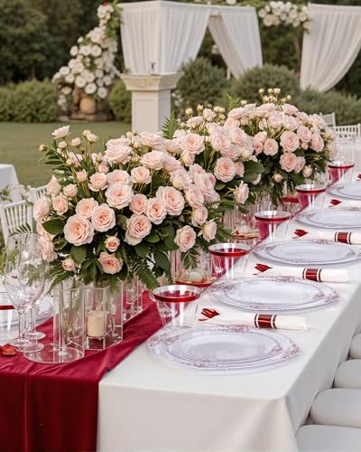 Red Plastic Dinnerware Set for 25 Guests - Includes Plates, Cups, Napkins & Silverware with White and Red Design