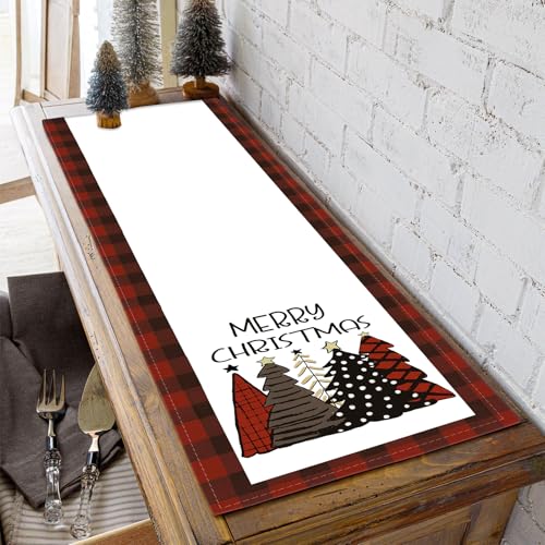 Christmas Table Runner 13 x 90 Inches with Red Christmas Tree Pattern - Burlap Linen Decor