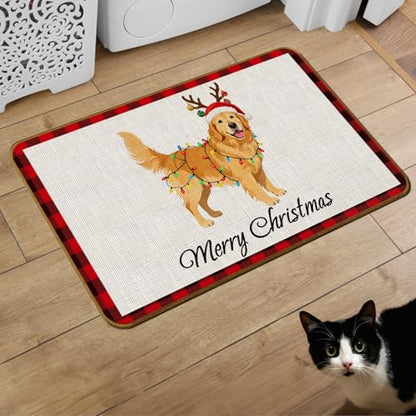 Golden Retriever Christmas Door Mat - Non-Slip Welcome Mat for Front Door - 17x30 Inch - Red and Black Plaid - Variation: Golden Retriever-1