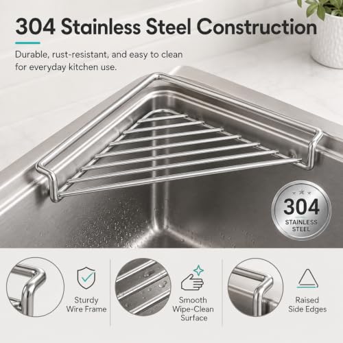 Stainless Steel Corner Sink Shelf - Triangular Drying Rack for Kitchen, Space-Saving Organizer with Drainage & Raised Sides - Variation 2