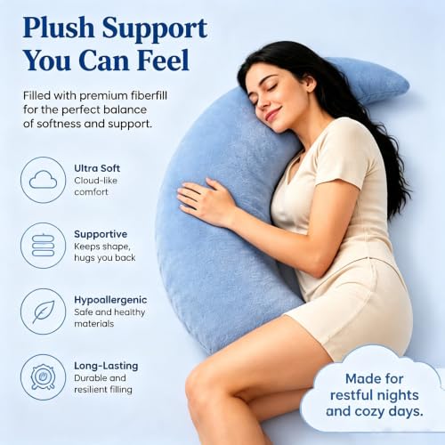 Moon Shaped Sleep Body Pillow Blue Oversized C-Shaped Support for Side Sleepers