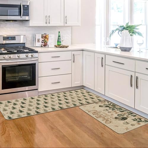 Holiday Christmas Tree Floor Mats Set of 2 - Non-Slip Kitchen Rugs 17x29 & 17x47 Inches