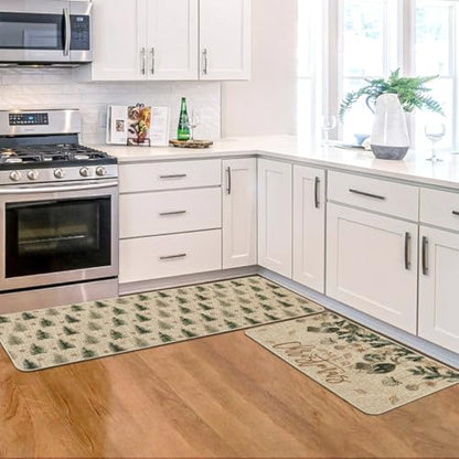Holiday Christmas Tree Floor Mats Set of 2 - Non-Slip Kitchen Rugs 17x29 & 17x47 Inches