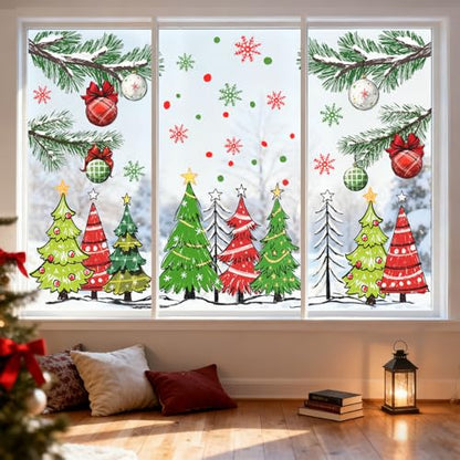 Christmas Window Clings Set - 9 Sheets Red-Green Holiday Decals for Winter Decor