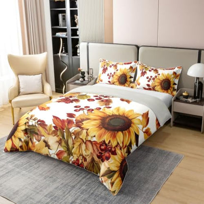 Feelyou Sunflower Duvet Cover Set - 100% Cotton King Size White Yellow & Red Orange Bedding with Zipper Closure
