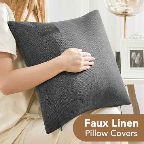Deconovo Pack of 2 Pillow Covers 18x18, Decorative Linen Pillow Covers Accent Throw Cushion Case with Leather Label, Soft Boho Farmhouse Pillowcase for Couch Sofa Bed Living Room Decor, Dark Grey
