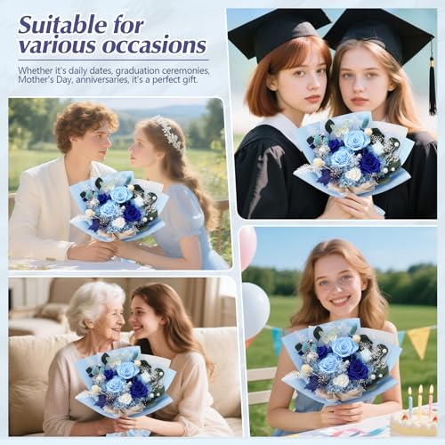 Blue Preserved Roses Bouquet - 6 Real Forever Flowers for Mother's Day, Birthday, Valentine's Day Gift