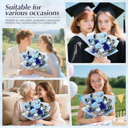 Blue Preserved Roses Bouquet - 6 Real Forever Flowers for Mother's Day, Birthday, Valentine's Day Gift