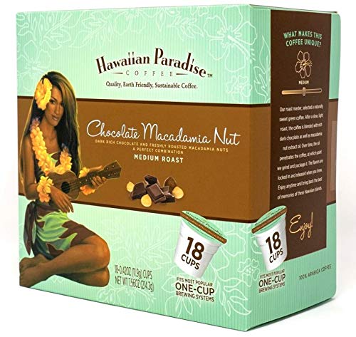 Hawaiian Paradise Coffee Chocolate Macadamia Nut Single Serve Cups 18 Count - Medium Roast - Compatible with Keurig K-Cup Brewers