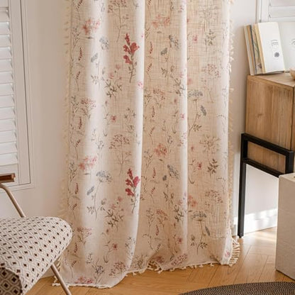 Beige Linen Farmhouse Floral Curtains Set - 2 Panels, 52x84 Inches, Boho Decor
