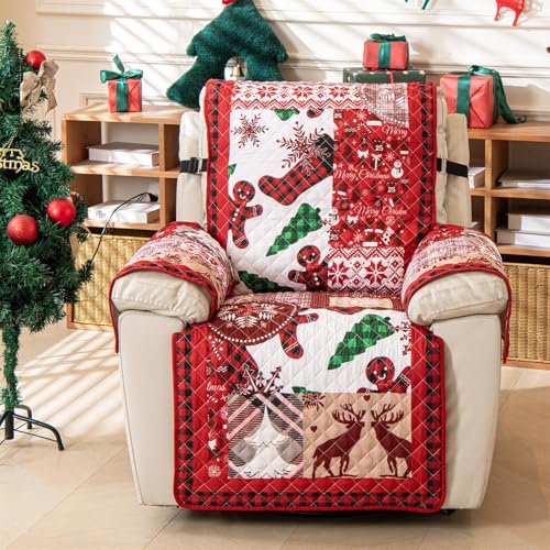 Christmas Sofa Cover for Recliner - Red Patchwork Slipcover with Elastic Straps