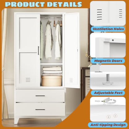 71-Inch Tall Metal Wardrobe Closet with Hanging Rod and 2 Drawers