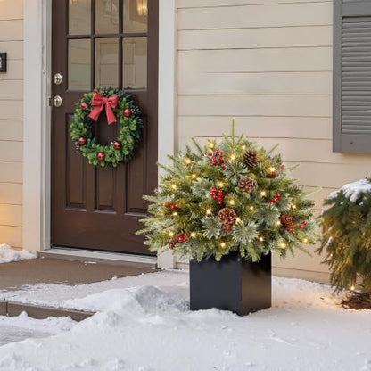18Inch Artificial Christmas Urn Filler with Pre-Lit Tree and Decorations - Outdoor Holiday Decor