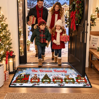 Holiday Family Train Entryway Rug with Custom Names and Numbers - Christmas Decor