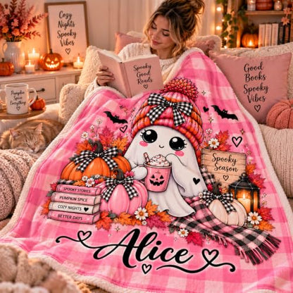 Halloween Ghost Blanket with Personalizable Name - Cozy Fall Throw for Couch & Bed, New9