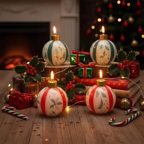 Christmas Rustic Holly Berries Ball Candles - 3 Inch Set of 4