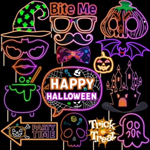 Neon Halloween Photo Booth Props Set - 16 Vivid Fluorescent Party Decorations