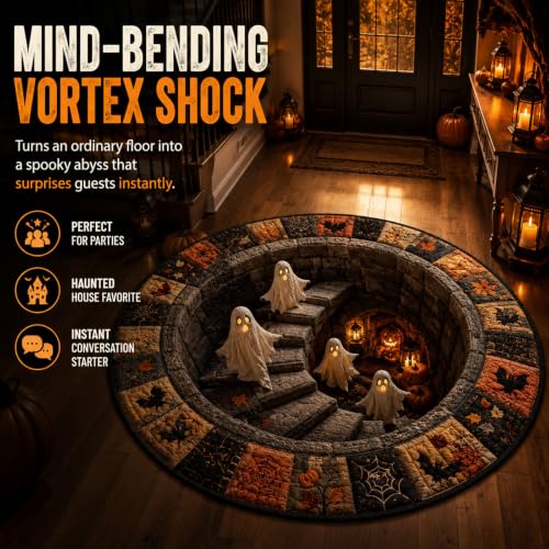 3D Haunted Staircase Round Rug - Optical Illusion Halloween Mat 39.4in Diameter