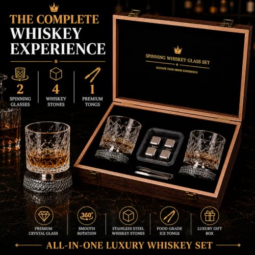 Clear Rotating Whiskey Glasses Set of 2 - 360° Crystal Bourbon Tumblers with Wooden Gift Box