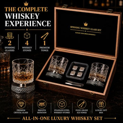 Clear Rotating Whiskey Glasses Set of 2 - 360° Crystal Bourbon Tumblers with Wooden Gift Box