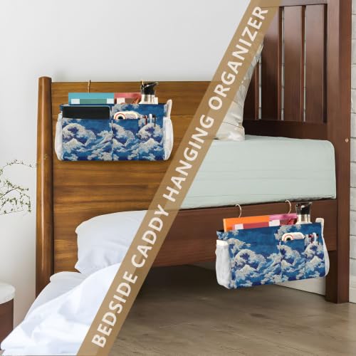 Deep Blue Sea Waves Bedside Caddy Organizer Hanging with 6 Pockets for Dorm Bed Bunk Rooms